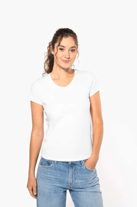 Tricou damă Kariban Short-sleeved V-neck personalizat, pe model