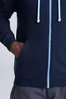 Bluză unisex Just Hoods Varsity Zoodie personalizată, pe model