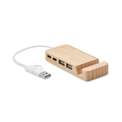 Hub USB din bambus cu 4 porturi personalizat