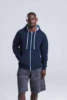 Bluză unisex Just Hoods Varsity Zoodie personalizată, pe model