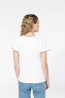 Tricou damă Kariban Piqué Knit V-neck personalizat, pe model