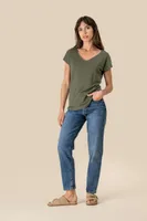 Tricou damă Spasso V-neck Linen personalizat, pe model