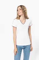 Tricou damă Kariban Piqué Knit V-neck personalizat, pe model