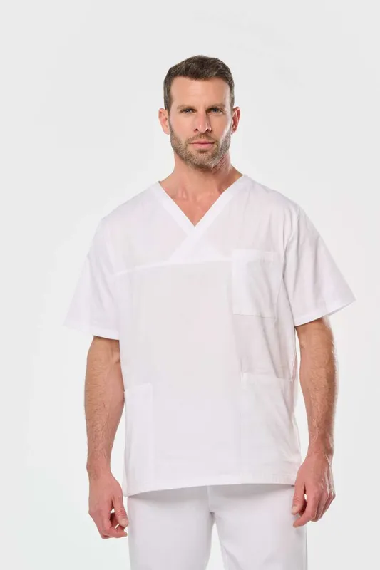 unisex Designed To Work Short Sleeve Cotton Tunic personalizat, pe model